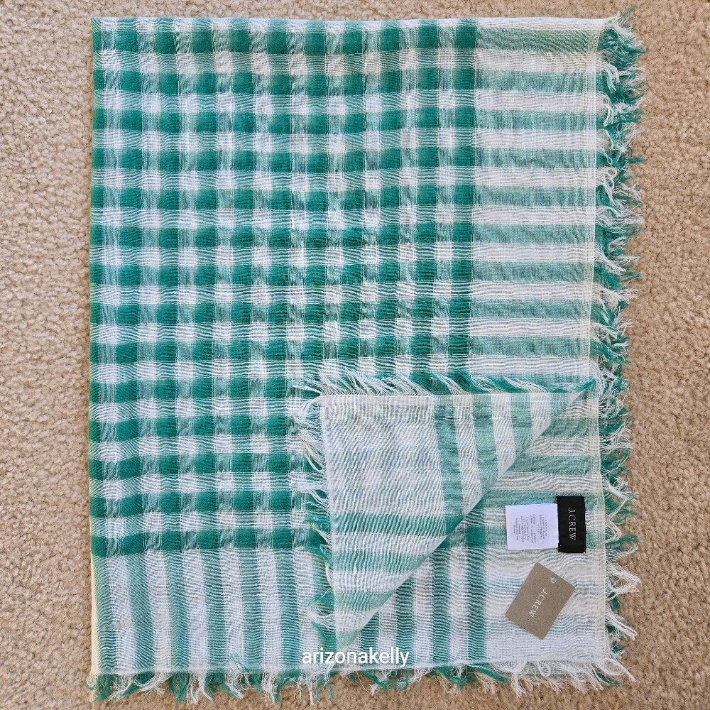 NWT J. Crew Green Gingham Cotton Lightweight Scarf